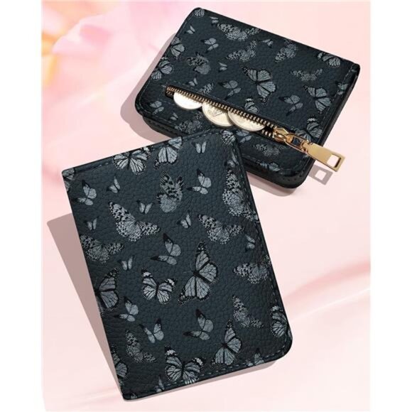 RFID Leather Card Holder Wallet for Women Small Zipper ID Coin Purse Butterfly - Picture 2 of 7